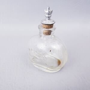 Antique Holy Water Embossed Cross Rounded Glass Bottle Crown Stopper & Cork 3.5